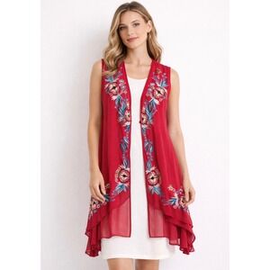 Vintage Collection Red Floral Embroidered Duster Vest Sleeveless Boho Western S